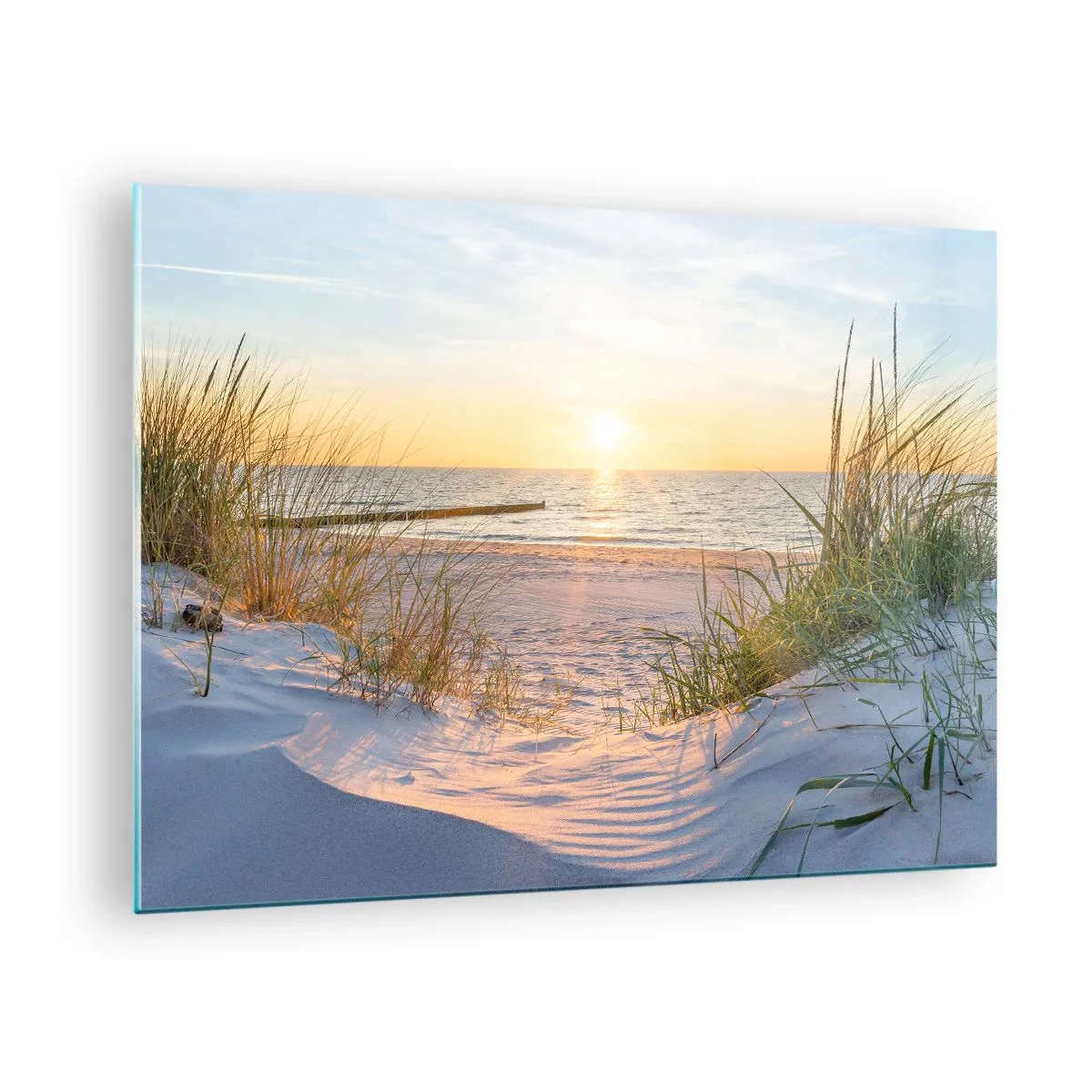 Tablou pe sticlă - Plajă cu apus de soare, cu vedere la mare și iarbă de dune - 70x50cm - Zumzet de mare, o plajă sălbatică printre ierburi... - Decorațiune modernă pentru perete pentru living și dormitor ARTTOR