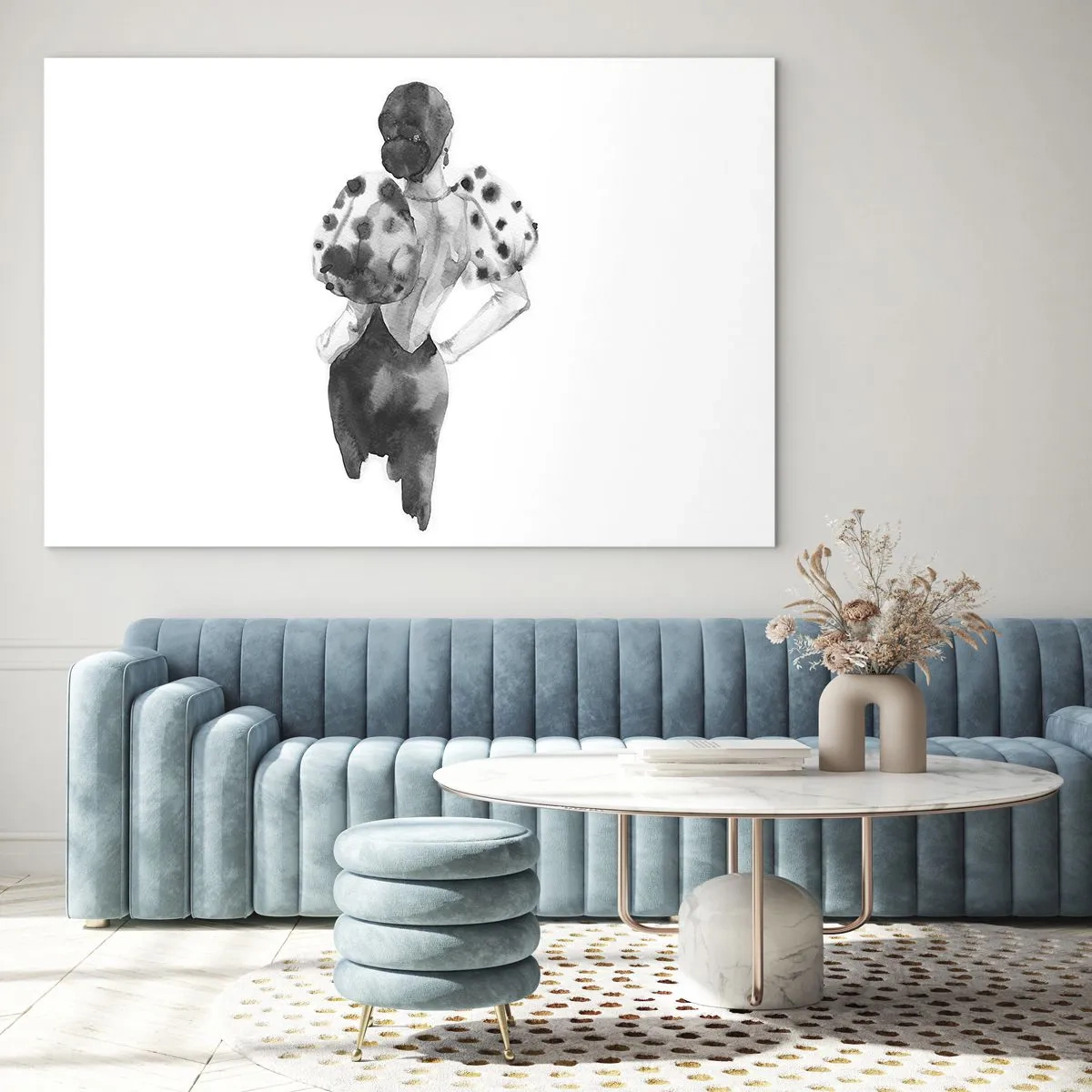 Tablou pe sticlă - Siluetă alb-negru a unei femei într-o ținută elegantă - 70x50cm - A trecut chiar pe lângă noi - Decorațiune modernă pentru perete pentru living și dormitor ARTTOR