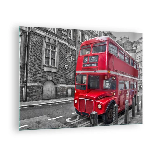 Tablou pe sticlă - Un autobuz roșu londonez pe un fundal de stradă alb-negru - 70x50cm - Întotdeauna la fel - Decorațiune modernă pentru perete pentru living și dormitor ARTTOR