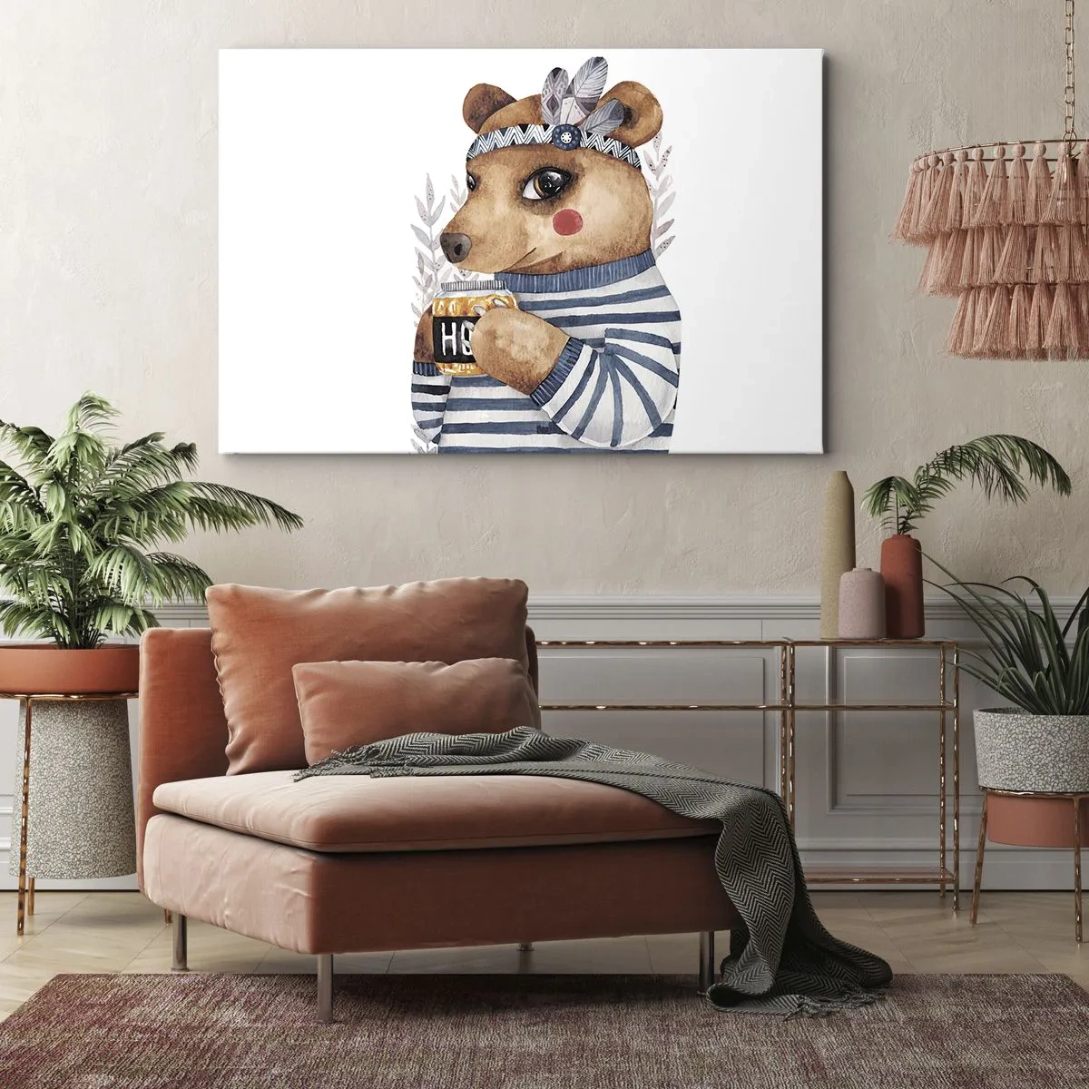 Tablou pe pânză Canvas - Un ursuleț de pluș într-un pulover cu dungi și o cană de miere - 70x50cm - Ursoaică dulce - Decorațiune modernă pentru perete pentru living și dormitor ARTTOR
