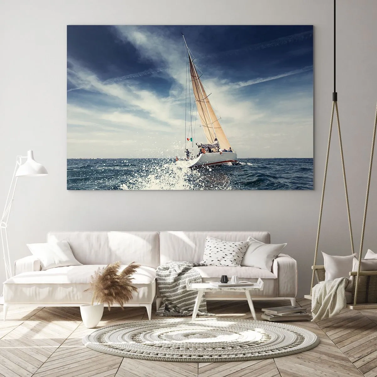 Tablou pe sticlă - Un iaht navighează pe o mare furtunoasă sub un cer albastru - 70x50cm - Nu ne vor prinde din urmă! - Decorațiune modernă pentru perete pentru living și dormitor ARTTOR
