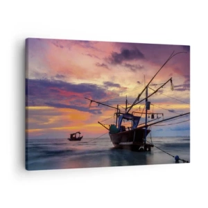 Tablou pe pânză Canvas - barcă de pescuit pe fundalul unui apus de soare colorat - 70x50cm - O seară exotică - Decorațiune modernă pentru perete pentru living și dormitor ARTTOR