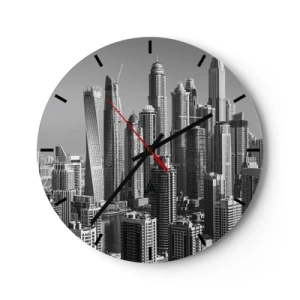 Ceas de perete - Ceas pe sticlă - Panoramă a unui oraș modern în alb și negru - 30x30cm - Orașul de deasupra deșertului - Decorațiune modernă pentru perete pentru living, bucătărie și dormitor ARTTOR