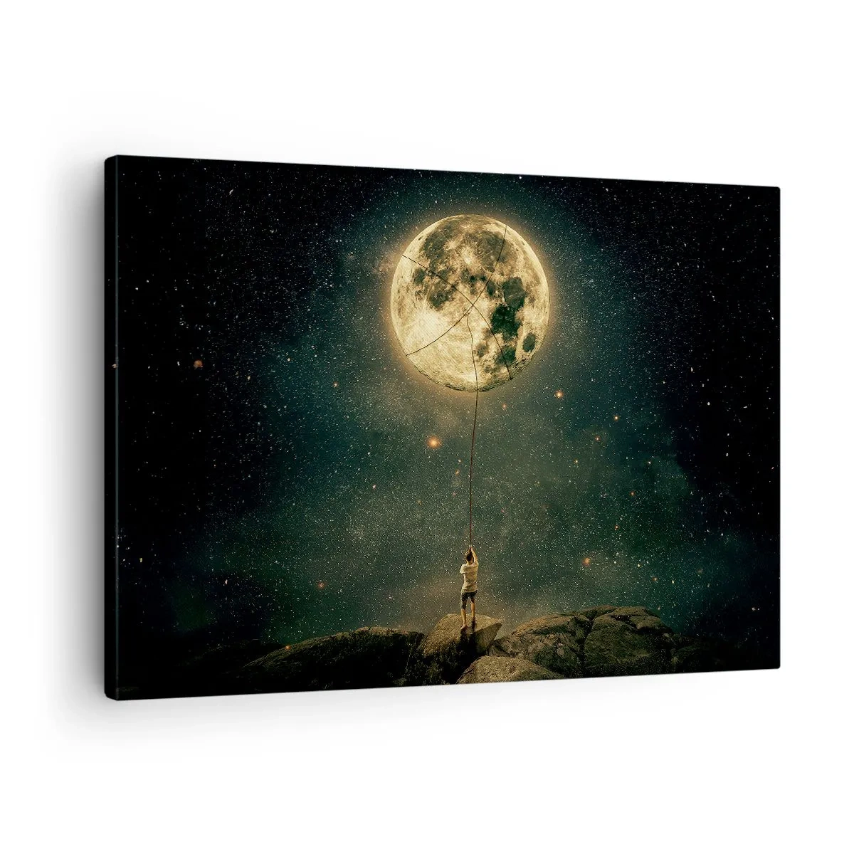 Tablou pe pânză Canvas - Omul cu Luna pe fundalul cerului înstelat - 70x50cm - Cel care a furat Luna - Decorațiune modernă pentru perete pentru living și dormitor ARTTOR