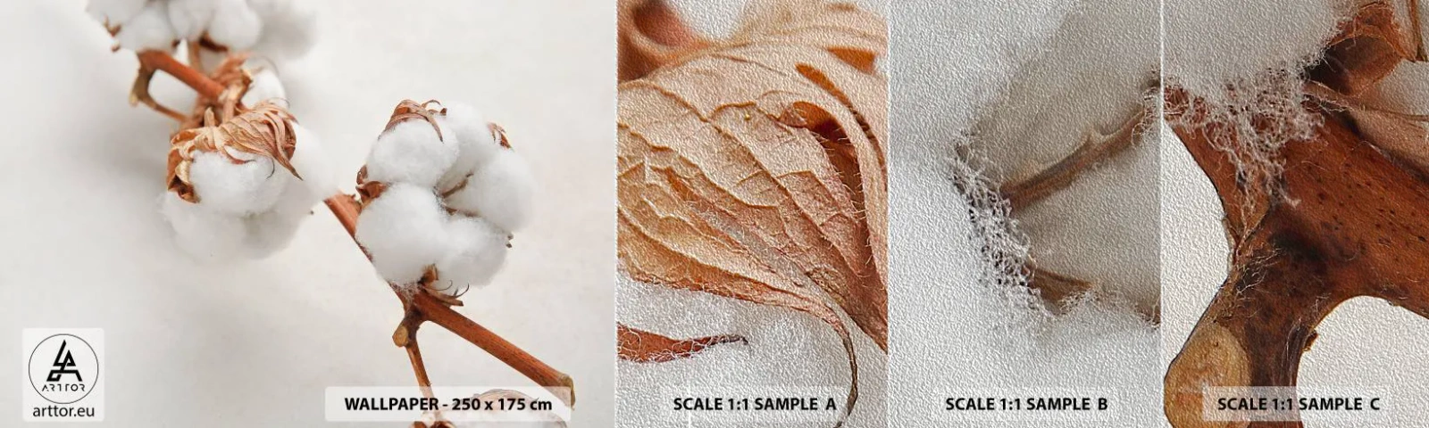 Mostră tapet Premium Sand - Numai îmbrățișări - Floare de bumbac, Floare, Crenguta de bumbac - 100x30 cm