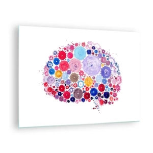 Tablou pe sticlă - O ilustrație colorată a unui creier alcătuit din forme geometrice. - 70x50cm - Cea mai perfectă mașină a naturii - Decorațiune modernă pentru perete pentru living și dormitor ARTTOR
