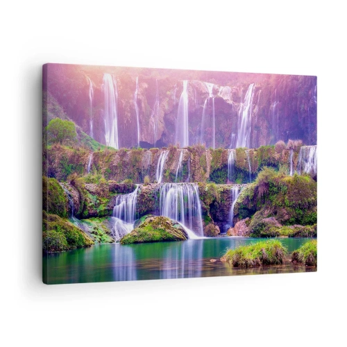 Tablou pe pânză Canvas - Cascade înconjurate de verdeață, cu iluminare pastelată - 70x50cm - Scara către cer - Decorațiune modernă pentru perete pentru living și dormitor ARTTOR
