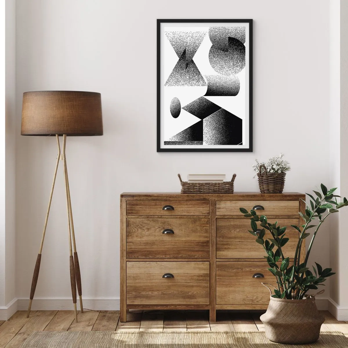 Poster în ramă neagră - Compoziție abstractă de forme geometrice în alb și negru - 50x70cm - Unghiuri și ovale - Decorațiune modernă pentru perete pentru living și dormitor ARTTOR