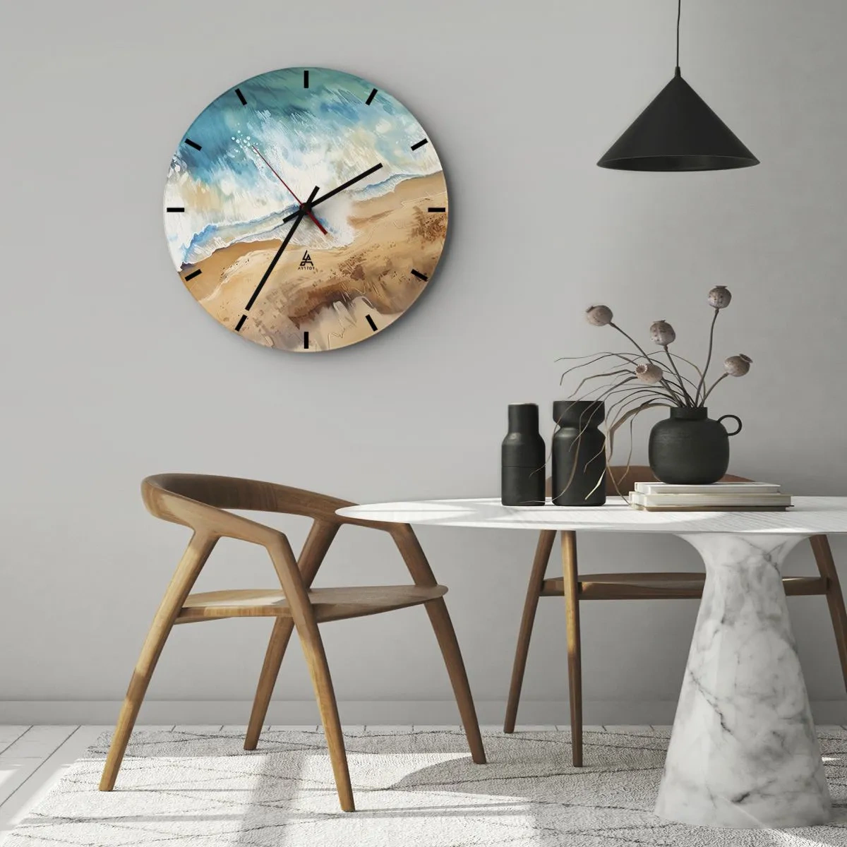 Ceas de perete - Ceas pe sticlă - O vedere de sus a unui val pictural care se izbește de nisip - 30x30cm - Unda de întoarcere - Decorațiune modernă pentru perete pentru living, bucătărie și dormitor ARTTOR