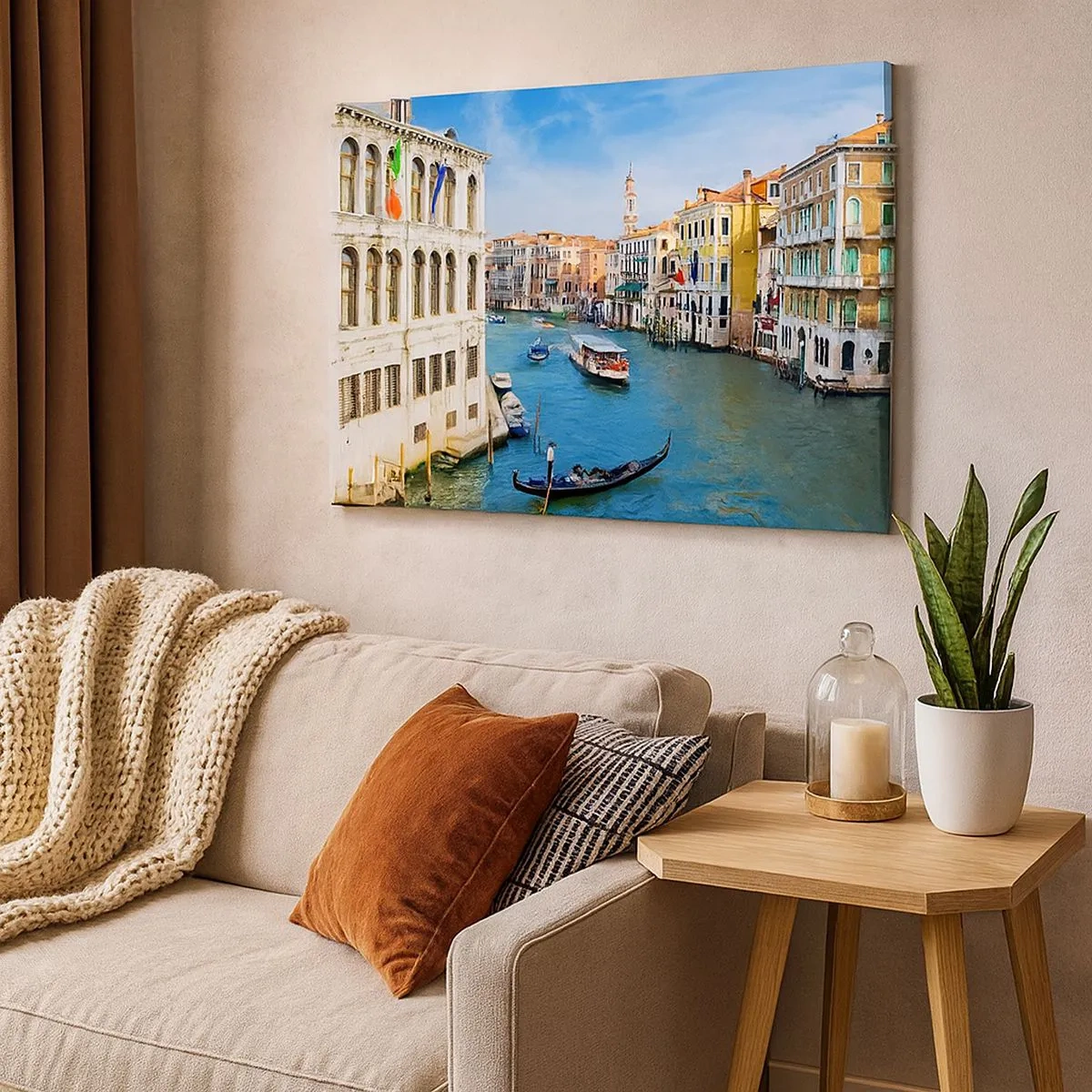 Tablou pe pânză Canvas - Un canal venețian cu o gondolă și clădiri colorate - 70x50cm - Traficul unic în lume - Decorațiune modernă pentru perete pentru living și dormitor ARTTOR