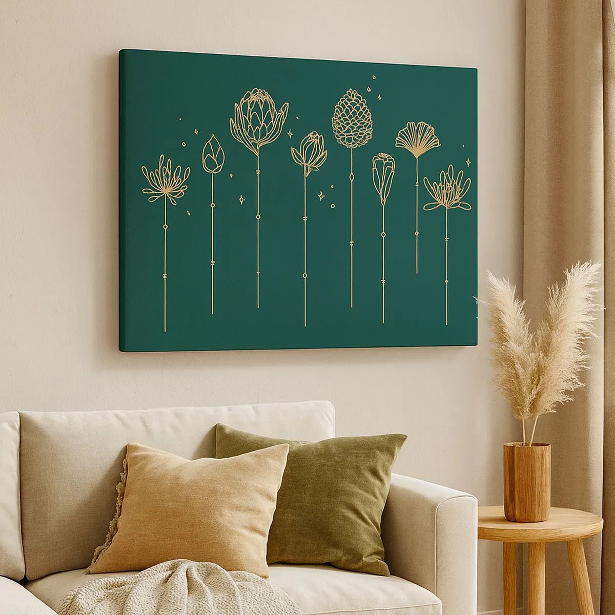 Tablou pe pânză Canvas - Desene aurii cu ierburi pe un fundal verde închis - 70x50cm - Familia IERBEscu - Decorațiune modernă pentru perete pentru living și dormitor ARTTOR