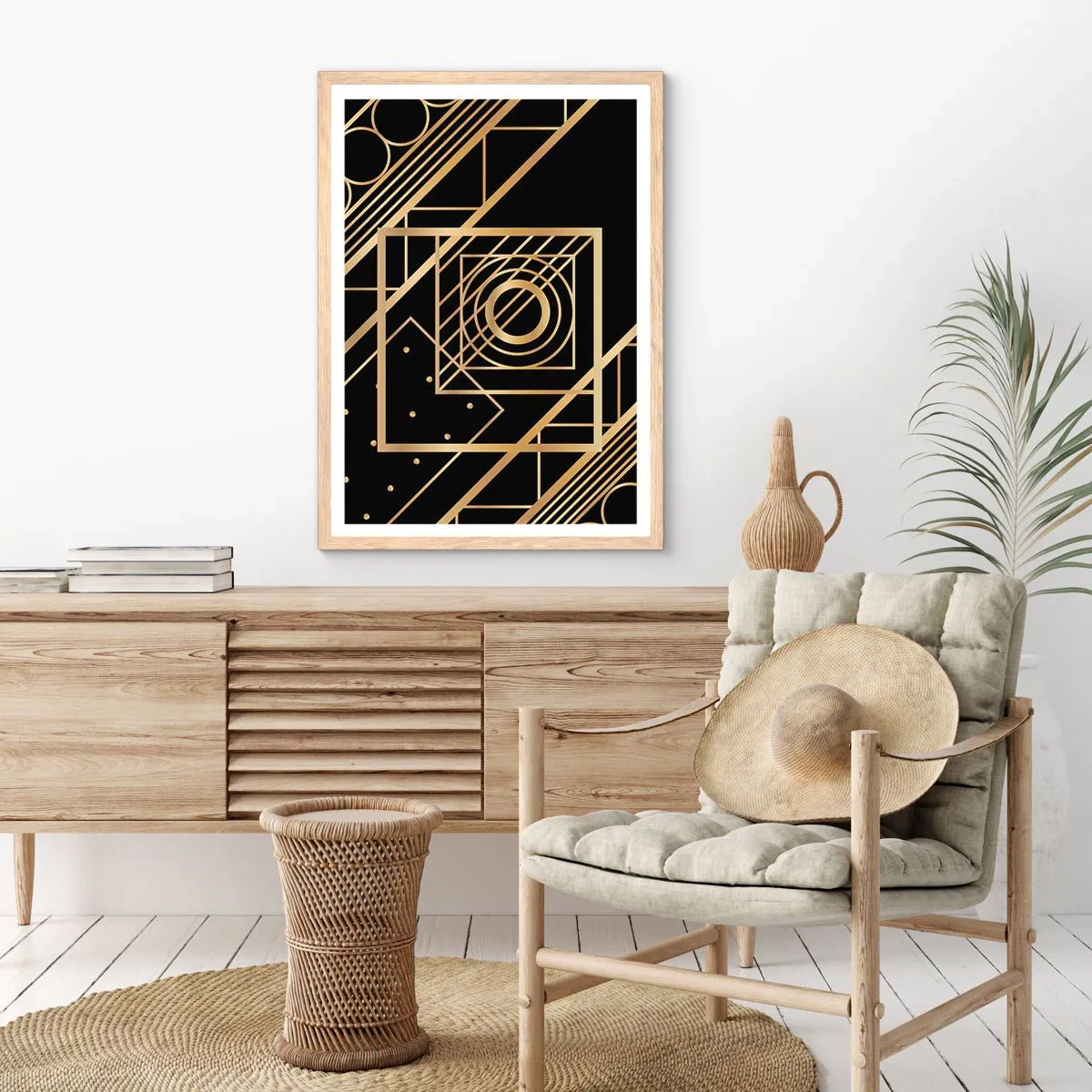 Poster în ramă de stejar deschis - Geometrie de aur - 50x70 cm