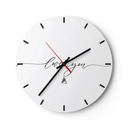 Ceas de perete - Ceas pe sticlă - Ceas alb minimalist cu inscripția „Te iubesc” - 30x30cm - Negru pe alb - Decorațiune modernă pentru perete pentru living, bucătărie și dormitor ARTTOR