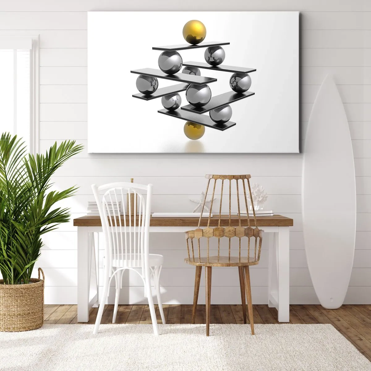 Tablou pe pânză Canvas - Compoziție geometrică cu bile metalice și accent auriu - 70x50cm - Balanța aur-argint - Decorațiune modernă pentru perete pentru living și dormitor ARTTOR