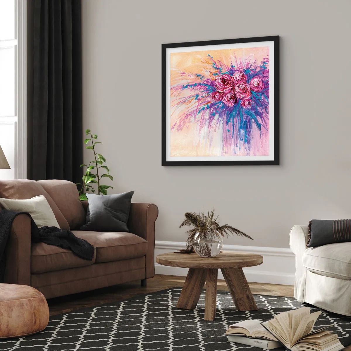 Poster în ramă neagră - Fântână de trandafiri - 60x60 cm