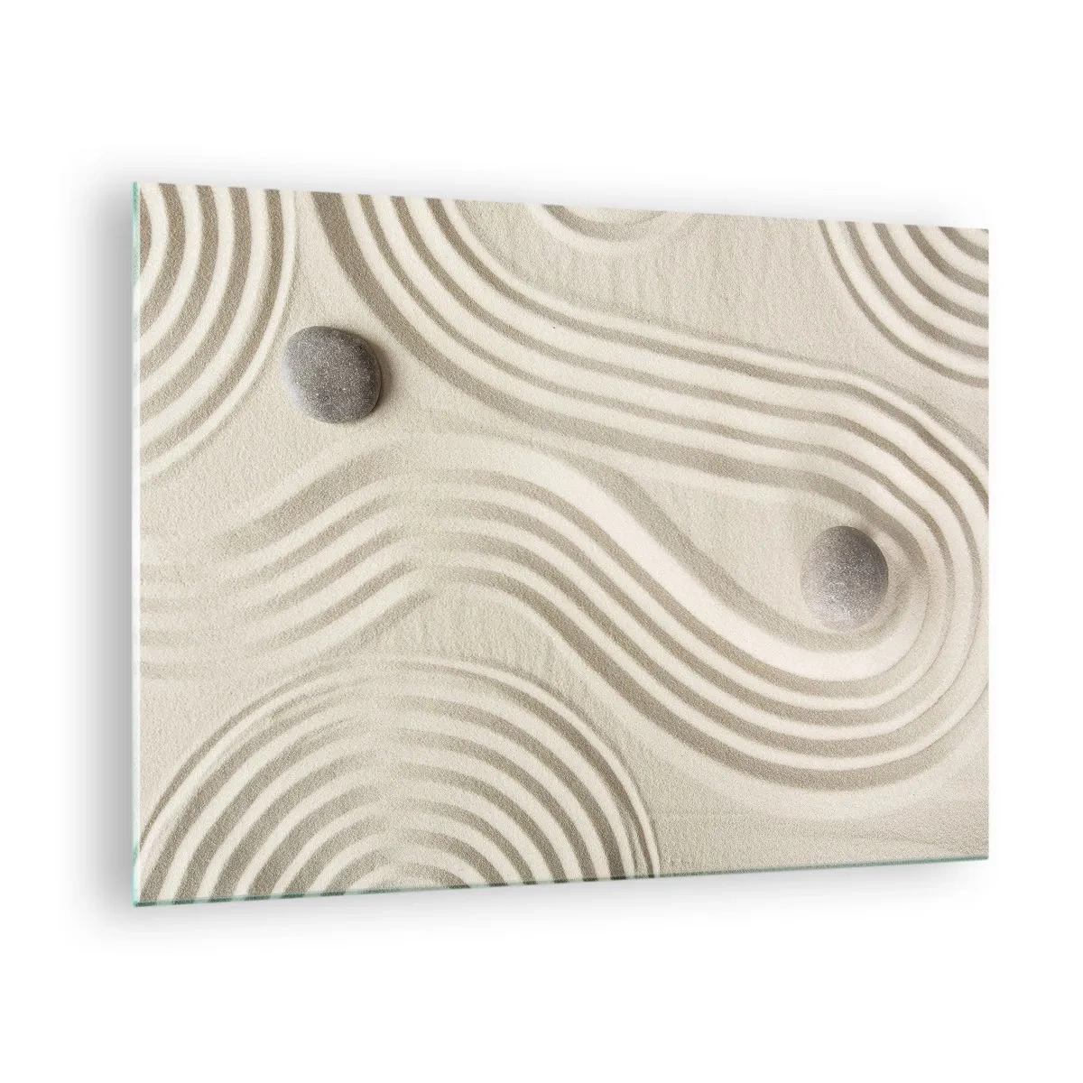 Tablou pe sticlă - Nisip minimalist cu pietre și modele geometrice - 70x50cm - Atingere de căldură - Decorațiune modernă pentru perete pentru living și dormitor ARTTOR