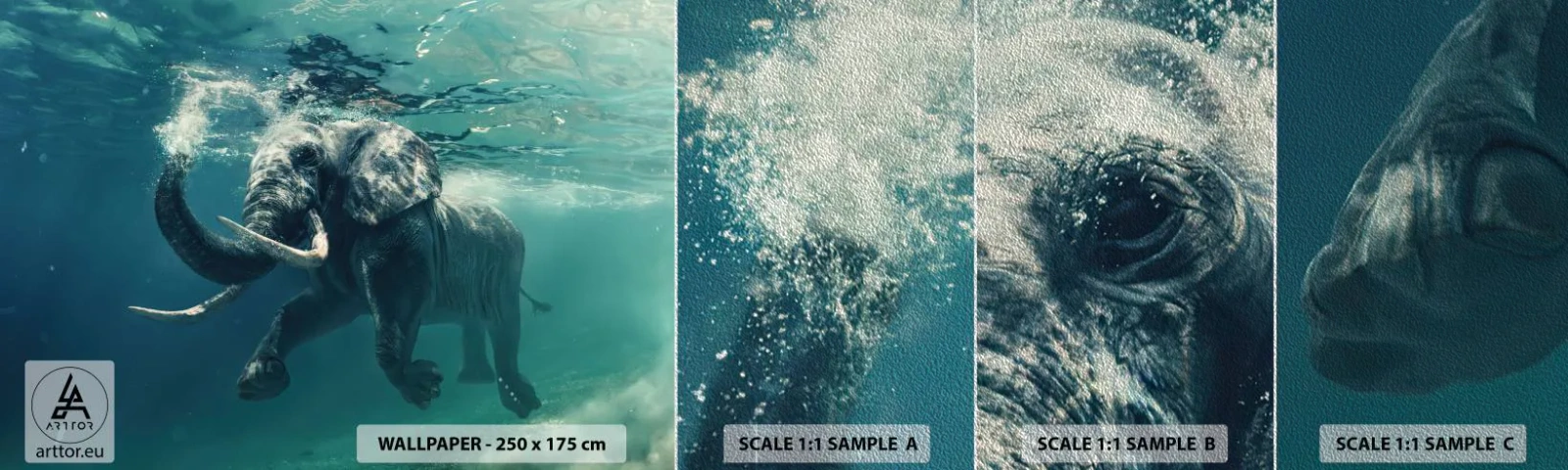 Mostră tapet Premium Sand - Tuturor le place să înoate - Abstracția, Elefant, Bucată - 100x30 cm