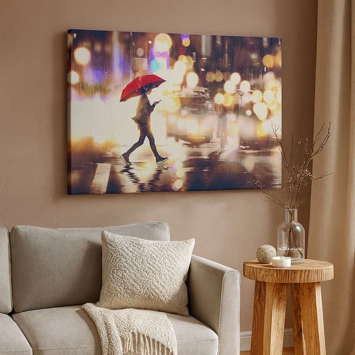 Tablou pe pânză Canvas - O figură cu o umbrelă roșie pe stradă în ploaie - 70x50cm - Și totuși este însorită - Decorațiune modernă pentru perete pentru living și dormitor ARTTOR