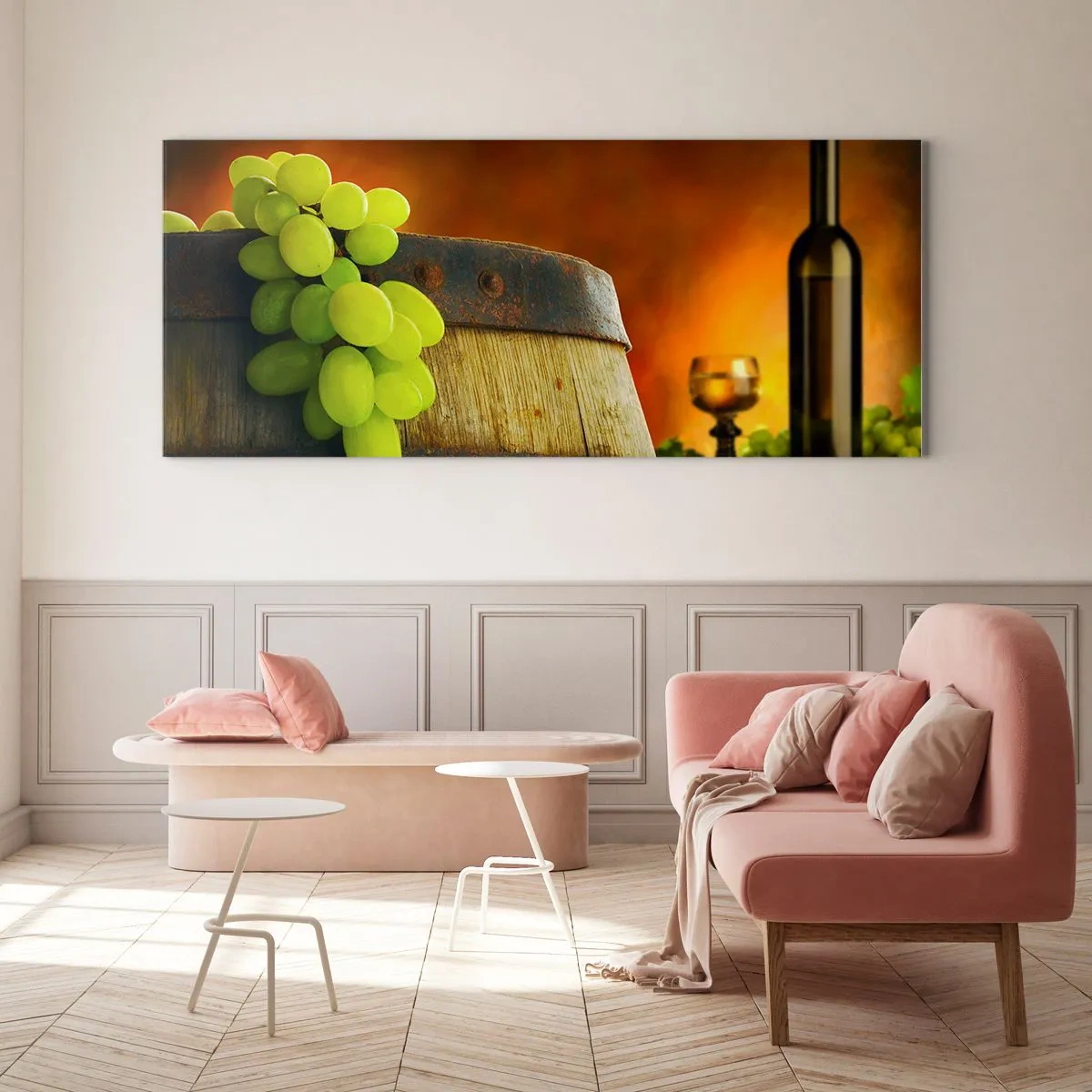 Tablou pe sticlă - Natură moartă cu o sticlă de vin și un ciorchine de struguri - 90x30 cm