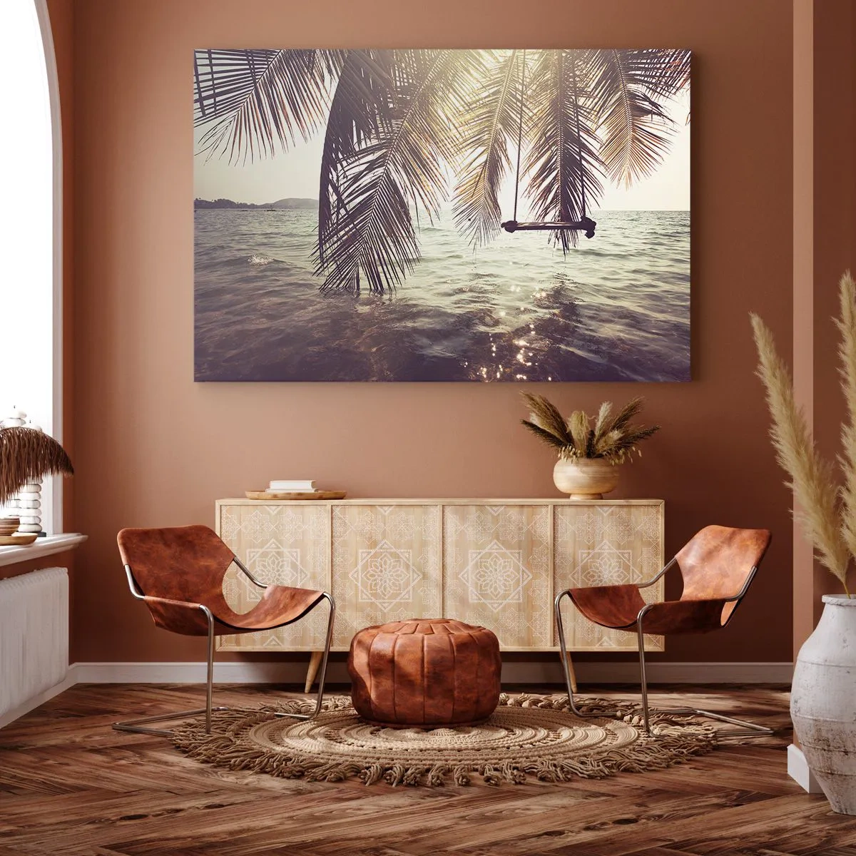 Tablou pe pânză Canvas - Palmier cu un leagăn deasupra apei în lumina soarelui - 70x50cm - Poți să te dai în vânt după pofta inimii tale - Decorațiune modernă pentru perete pentru living și dormitor ARTTOR
