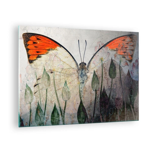 Tablou pe sticlă - Un fluture artistic înconjurat de flori delicate pe un fundal gri. - 70x50cm - Unde fluturele se leagănă pe iarbă - Decorațiune modernă pentru perete pentru living și dormitor ARTTOR