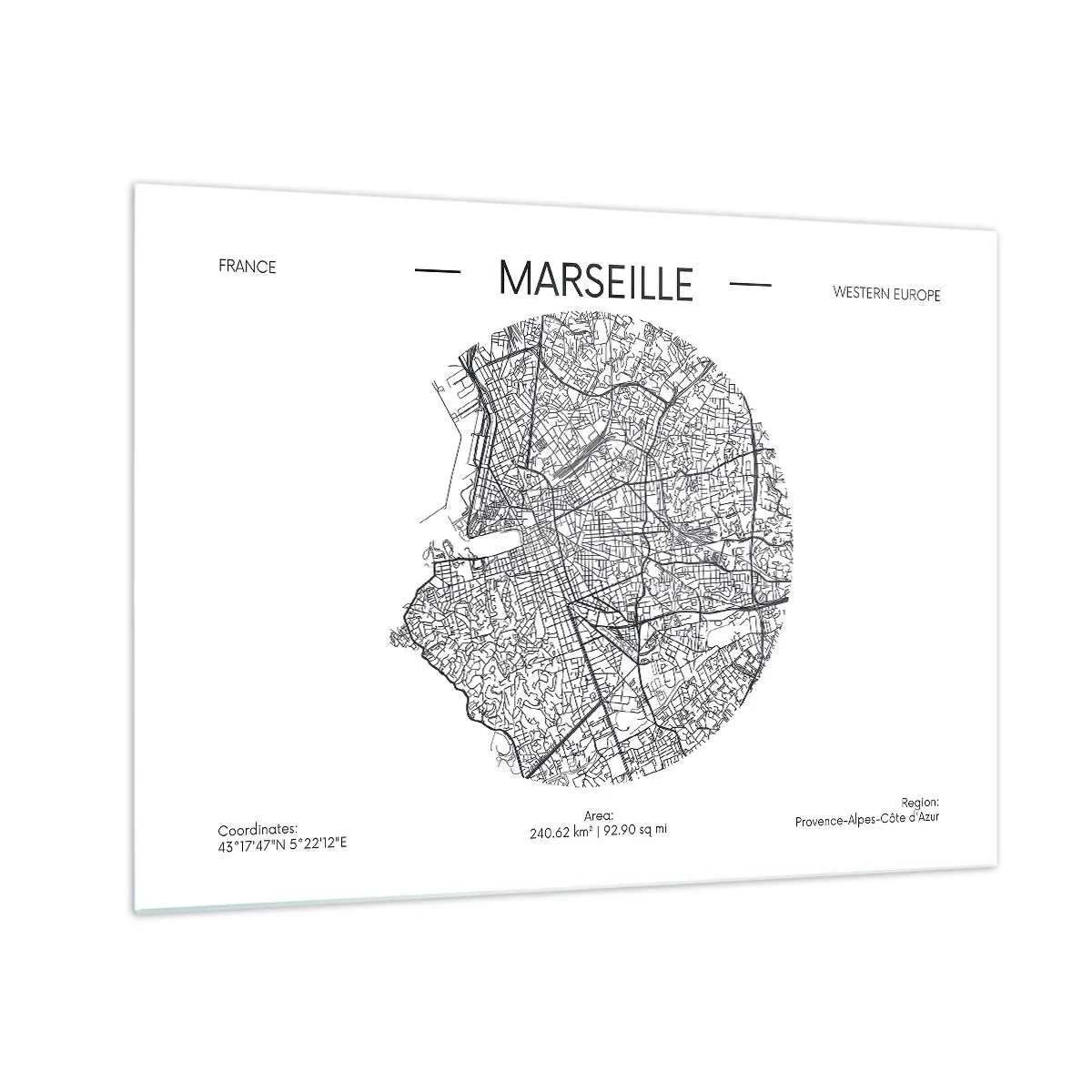 Tablou pe sticlă - Hartă alb-negru a orașului Marsilia într-un stil modern - 70x50cm - Anatomia Marsiliei - Decorațiune modernă pentru perete pentru living și dormitor ARTTOR