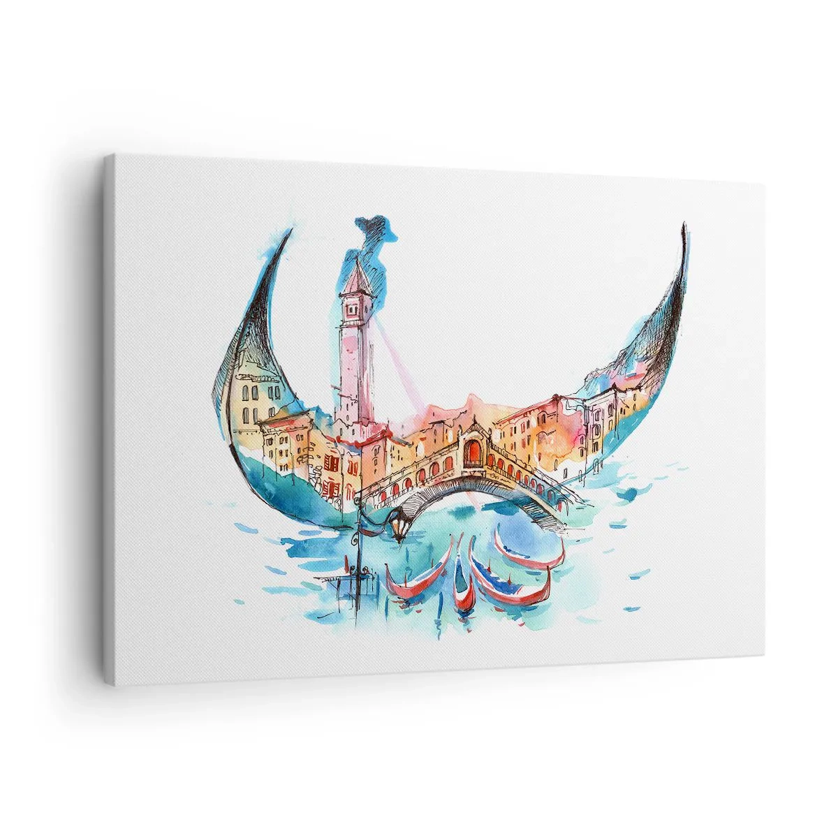 Tablou pe pânză Canvas - O compoziție în acuarelă a Veneției în formă de gondolă - 70x50cm - Croazieră prin oraș - Decorațiune modernă pentru perete pentru living și dormitor ARTTOR