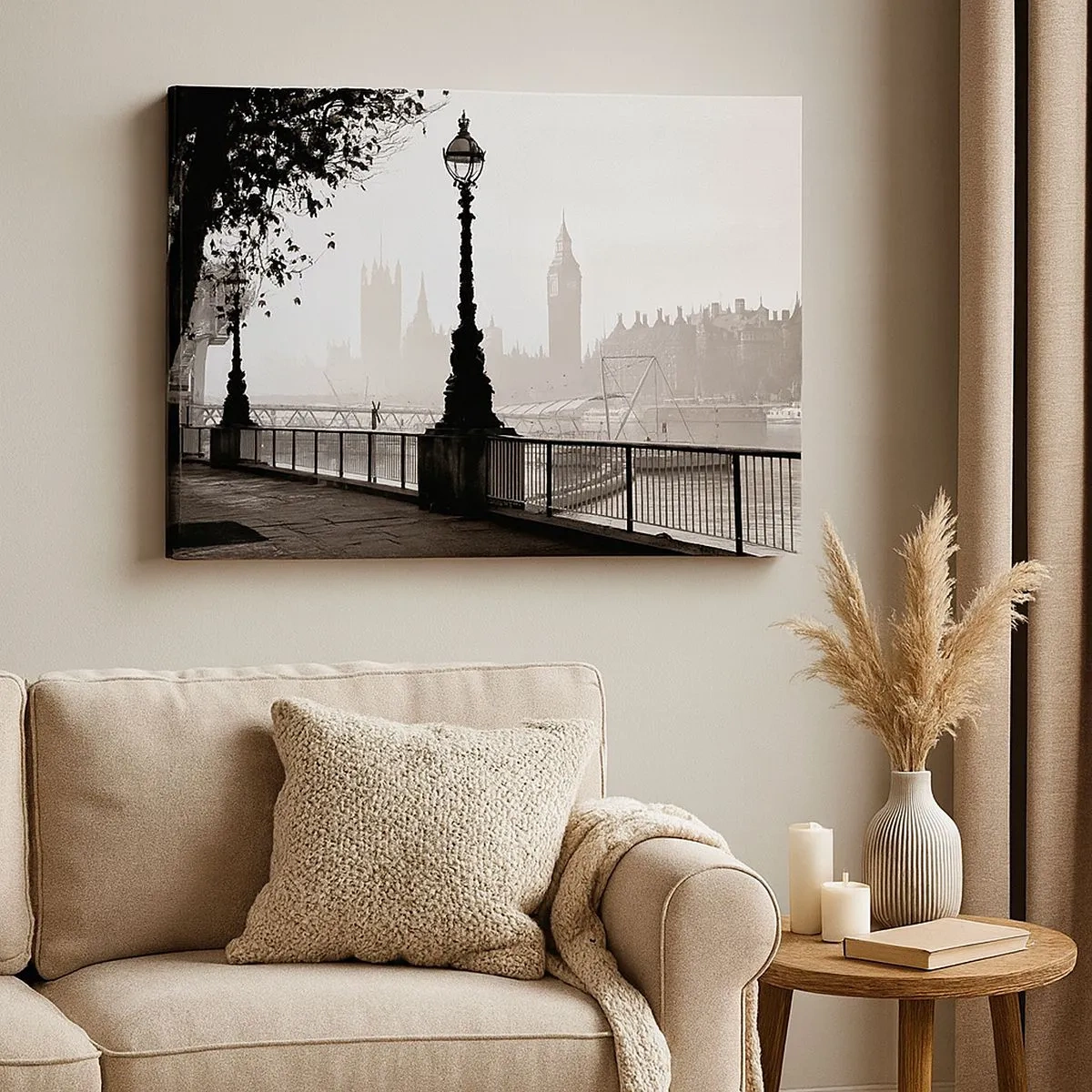 Tablou pe pânză Canvas - O vedere monocromatică a Big Ben și a Tamisei. - 70x50cm - Londra de dimineața - Decorațiune modernă pentru perete pentru living și dormitor ARTTOR