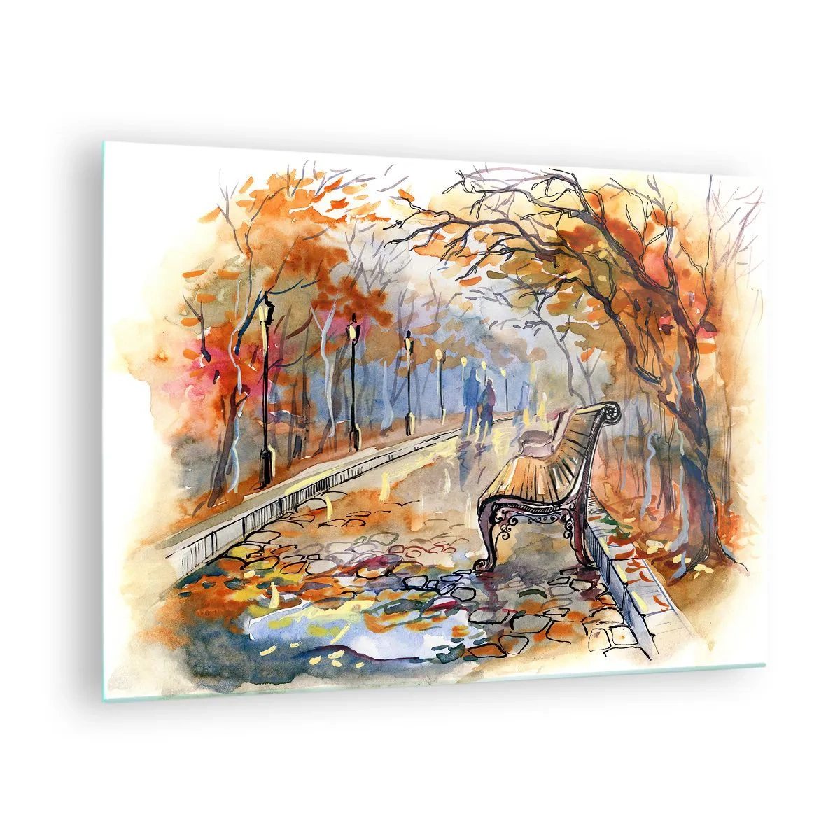 Tablou pe sticlă - O alee de toamnă cu o bancă în stil artistic de acuarelă - 70x50cm - Pășim împreună în toamnă - Decorațiune modernă pentru perete pentru living și dormitor ARTTOR