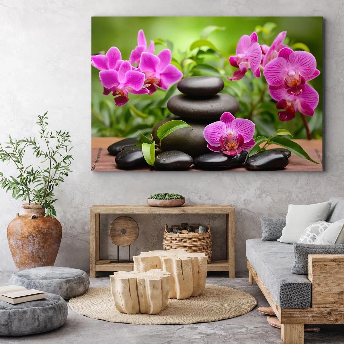 Tablou pe pânză Canvas - Orhidee roz cu pietre pe fundal verde - 70x50cm - Piramida de liniște - Decorațiune modernă pentru perete pentru living și dormitor ARTTOR