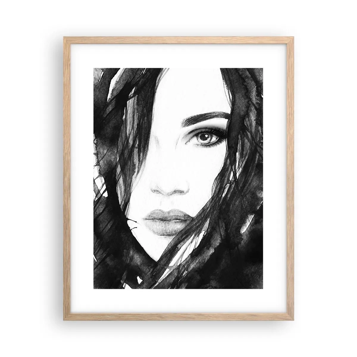 Poster în ramă de stejar deschis - Studiu unei dame în alb și negru - 40x50 cm