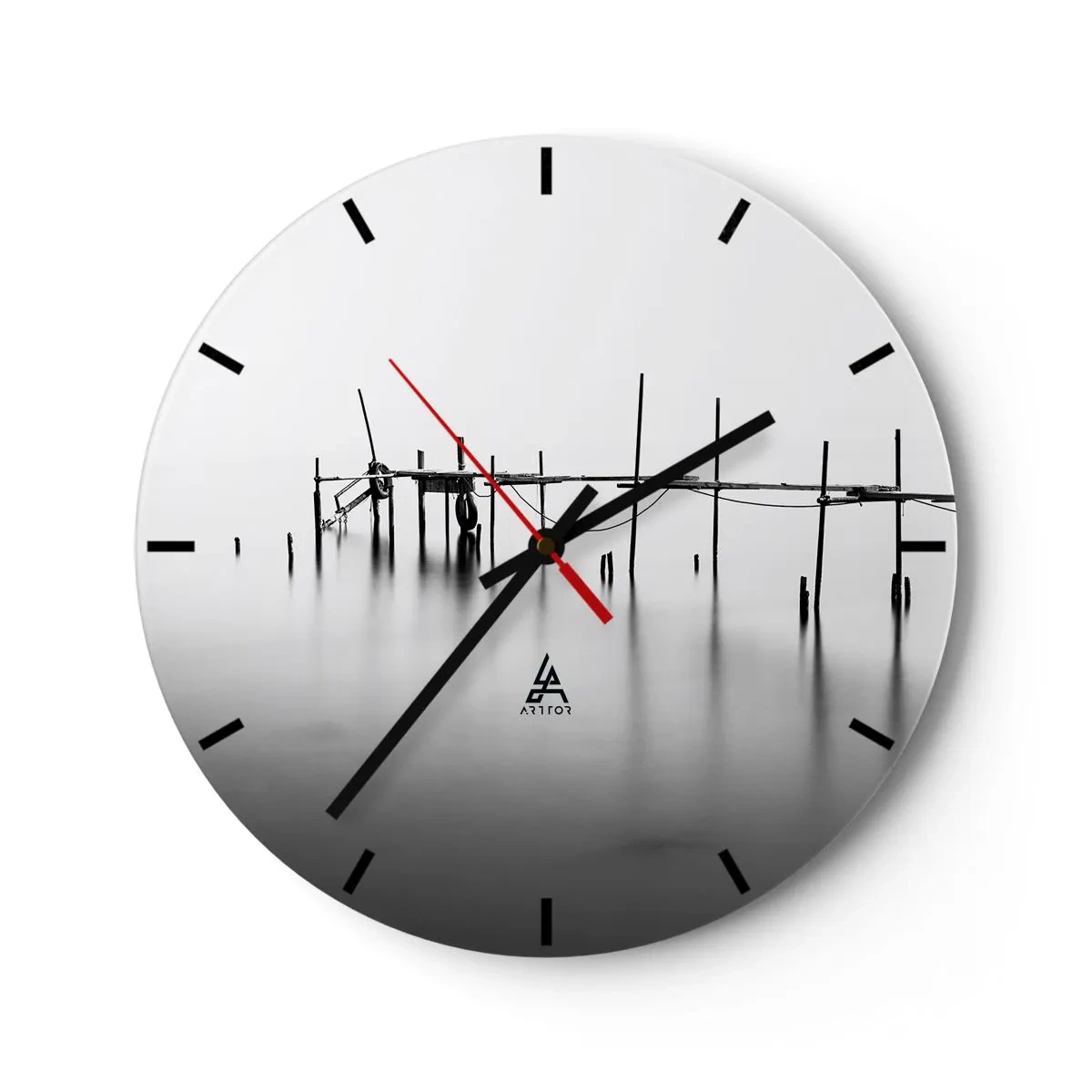 Ceas de perete - Ceas pe sticlă - Un dig minimalist pe ape calme în nuanțe de gri - 30x30cm - Și dacă lumea nu ar exista? - Decorațiune modernă pentru perete pentru living, bucătărie și dormitor ARTTOR