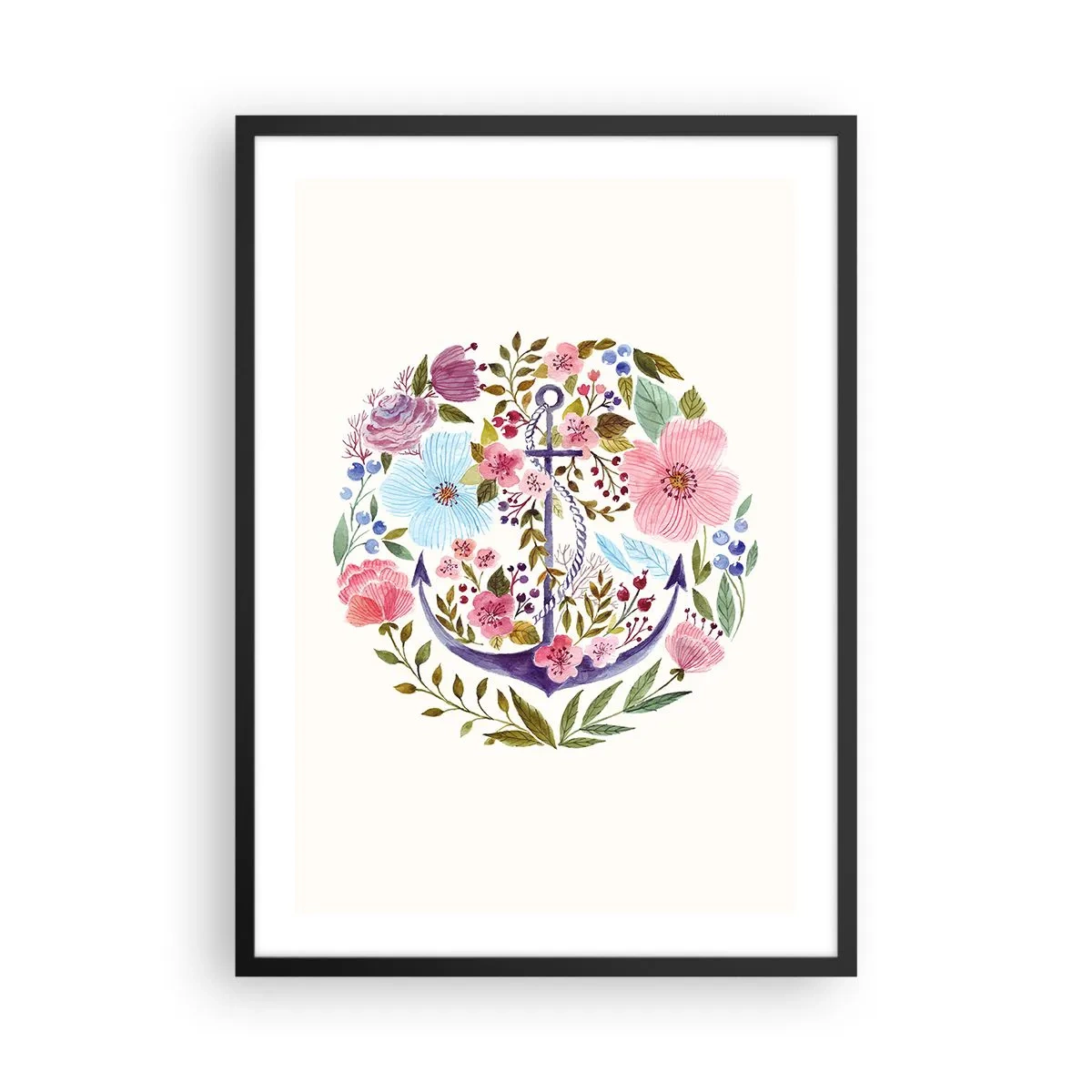 Poster în ramă neagră - O ancoră în acuarelă înconjurată de flori pe un fundal deschis. - 50x70cm - Somnul bun al marinarului - Decorațiune modernă pentru perete pentru living și dormitor ARTTOR