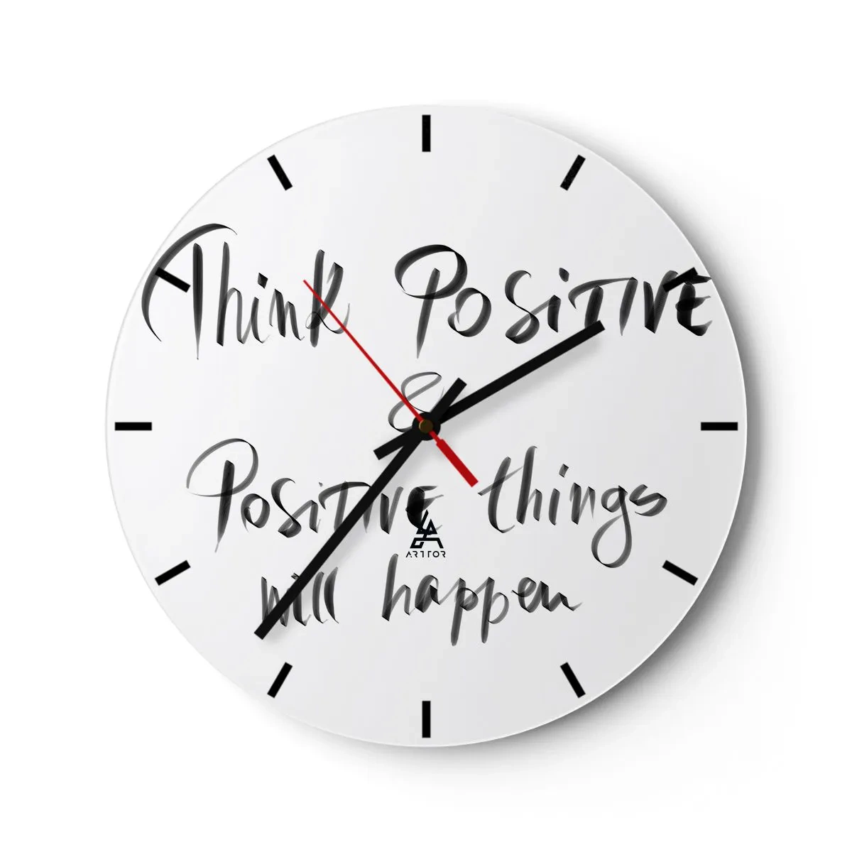 Ceas de perete - Ceas pe sticlă - Inscripție motivațională într-un stil artistic - 30x30cm - Cum să trăim bine? - Decorațiune modernă pentru perete pentru living, bucătărie și dormitor ARTTOR