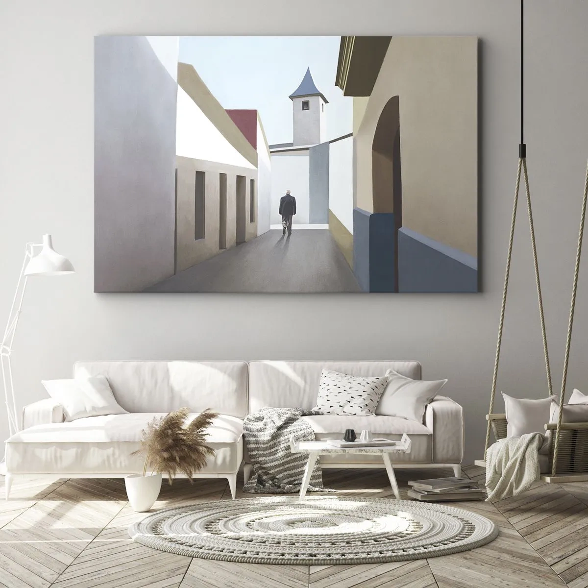 Tablou pe pânză Canvas - O stradă minimalistă cu silueta unui bărbat în fundal - 70x50cm - Plimbare însorită - Decorațiune modernă pentru perete pentru living și dormitor ARTTOR