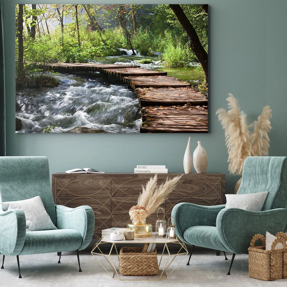 Tablou pe pânză Canvas - Un pod de lemn peste un pârâu repetat, înconjurat de verdeața pădurii. - 70x50cm - Cascadă spumoasă - Decorațiune modernă pentru perete pentru living și dormitor ARTTOR