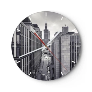 Ceas de perete - Ceas pe sticlă - Panoramă a orașului cu arhitectură modernă - 30x30cm - Vale citadină din Varșovia - Decorațiune modernă pentru perete pentru living, bucătărie și dormitor ARTTOR