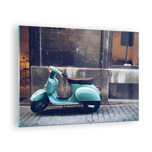 Tablou pe sticlă - Un scuter albastru lipit de peretele unei clădiri - 70x50cm - Atmosferă de neuitat - Decorațiune modernă pentru perete pentru living și dormitor ARTTOR