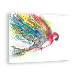 Tablou pe sticlă - Papagal colorat cu aripi și detalii artistice - 70x50cm - Trăiește în culori - Decorațiune modernă pentru perete pentru living și dormitor ARTTOR