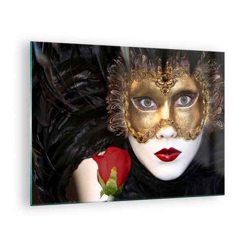 Tablou pe sticlă - Mască de carnaval cu un trandafir roșu - 70x50cm - Pentru că viața e un bal - Decorațiune modernă pentru perete pentru living și dormitor ARTTOR