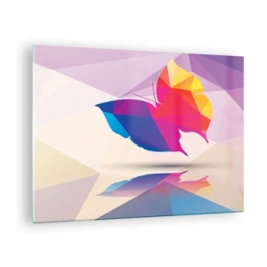 Tablou pe sticlă - Fluture geometric în abstracție colorată strălucitoare - 70x50cm - Curcubeu de fluture - Decorațiune modernă pentru perete pentru living și dormitor ARTTOR