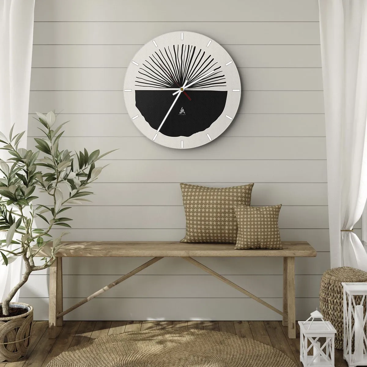 Ceas de perete - Ceas pe sticlă - Un motiv de evantai negru pe un fundal deschis, într-un stil minimalist - 30x30cm - Gama de posibilități - Decorațiune modernă pentru perete pentru living, bucătărie și dormitor ARTTOR