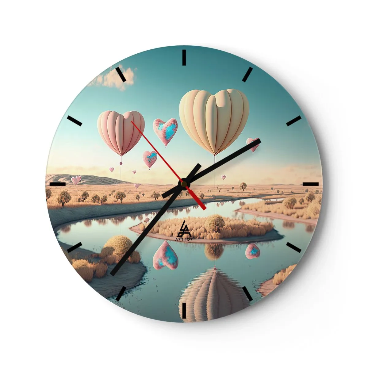 Ceas de perete - Ceas pe sticlă - Baloane în formă de inimă plutind peste râu - 30x30cm - Iubirea ne înalță - Decorațiune modernă pentru perete pentru living, bucătărie și dormitor ARTTOR