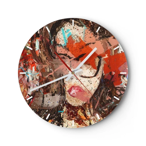 Ceas de perete - Ceas pe sticlă - Portret abstract al unei femei cu culori intense - 30x30cm - Chiar nu știe nimeni cum ești tu - Decorațiune modernă pentru perete pentru living, bucătărie și dormitor ARTTOR