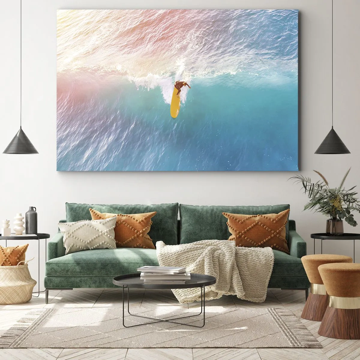 Tablou pe pânză Canvas - Surfer pe un val în culori pastelate - 70x50cm - Călărețul oceanului - Decorațiune modernă pentru perete pentru living și dormitor ARTTOR
