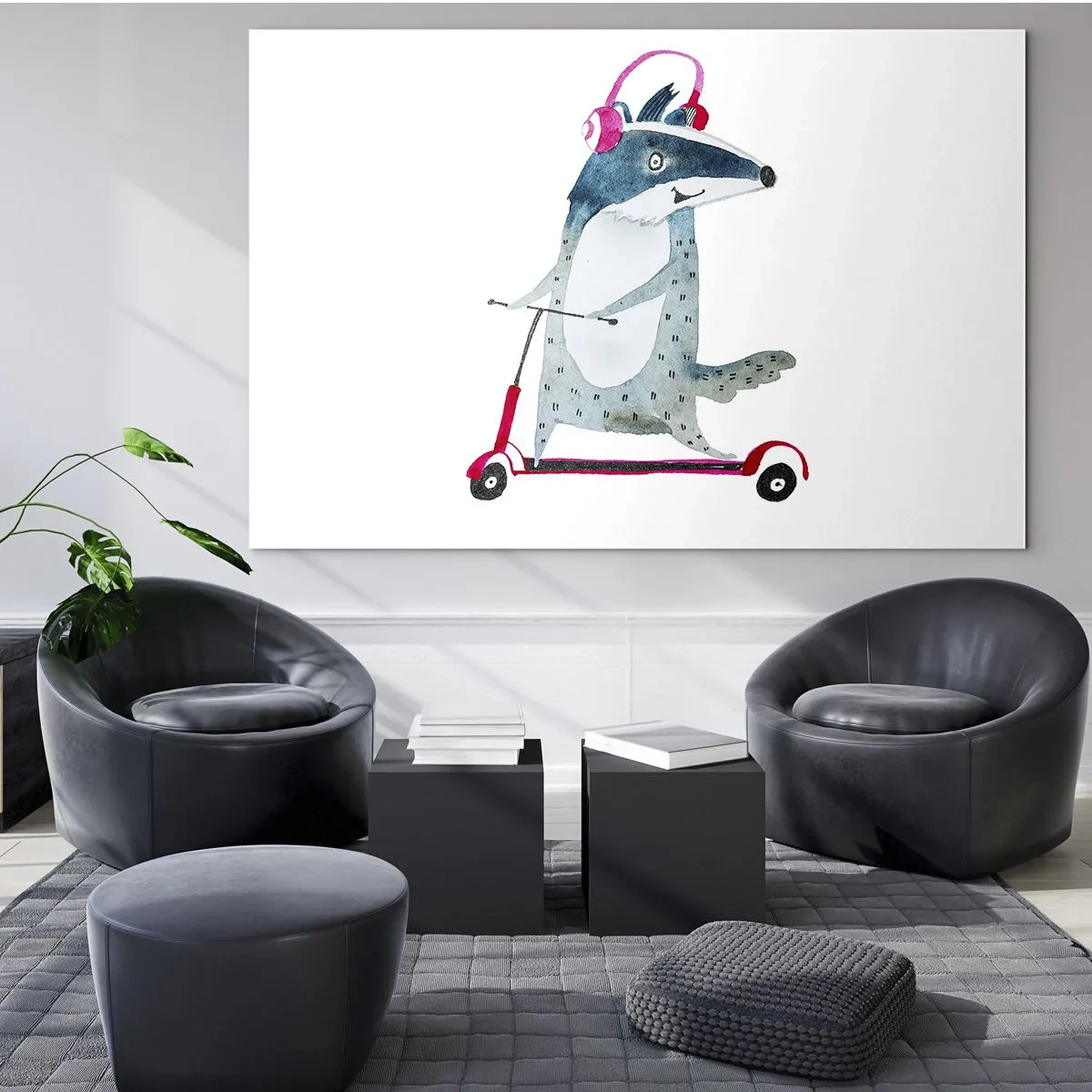 Tablou pe sticlă - Bursuc cu căști pe un scuter în acuarelă - 70x50cm - Bucurie de bursuc - Decorațiune modernă pentru perete pentru living și dormitor ARTTOR