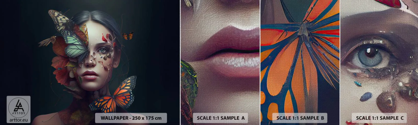 Mostră tapet Premium Canvas - Transformare minunată - Fluturi, Față, Femeie - 100x30 cm