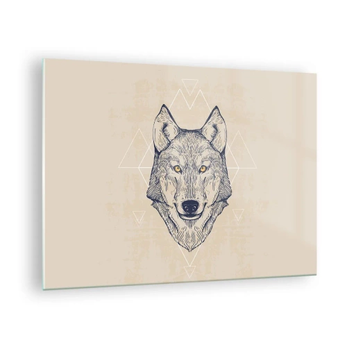 Tablou pe sticlă - Cap de lup pe un fundal de modele geometrice - 70x50cm - Un alfa cu o privire pătrunzătoare - Decorațiune modernă pentru perete pentru living și dormitor ARTTOR