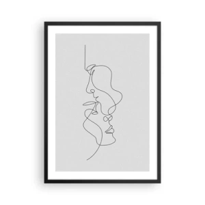 Poster în ramă neagră - Un contur minimalist a două fețe negre pe un fundal deschis. - 50x70cm - Dorință vorace - Decorațiune modernă pentru perete pentru living și dormitor ARTTOR