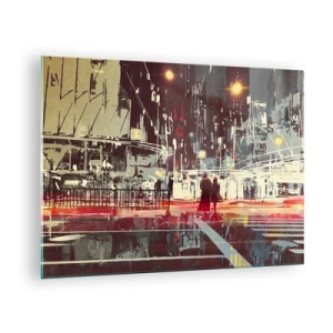 Tablou pe sticlă - Peisaj urban nocturn cu lumini neon și siluete de trecători - 70x50cm - O trecere metropolitană - Decorațiune modernă pentru perete pentru living și dormitor ARTTOR